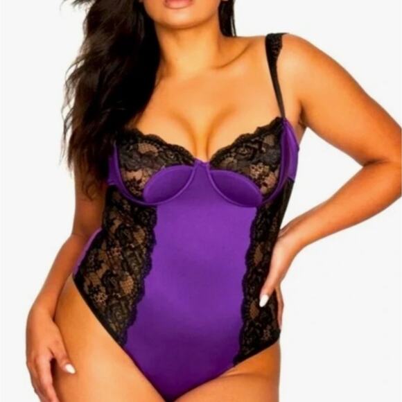 NWT Frederick's of Hollywood Ilana Purple Black Lace Mesh Bodysuit Teddy - Picture 1 of 11